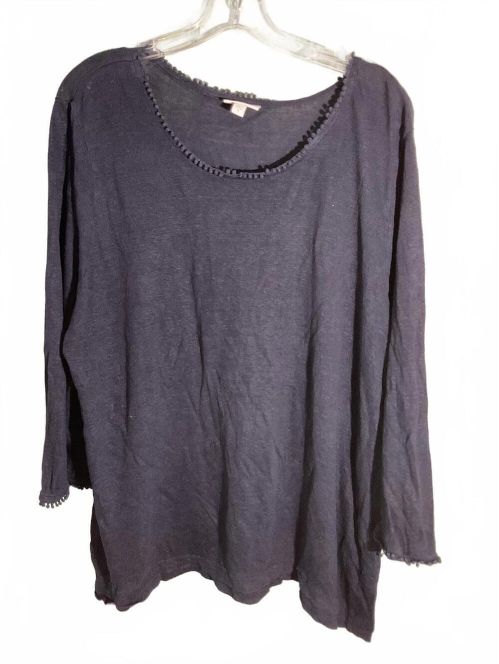 J. Jill Love Linen Navy Blue 3/4 Sleeve Top XL Crochet lace trim